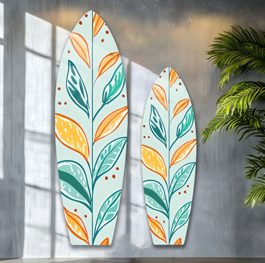 Softly diffused light illuminates the colored leafs surfboard wall art prints with gentle, leaf-inspired designs adding a relaxing vibe to any room.