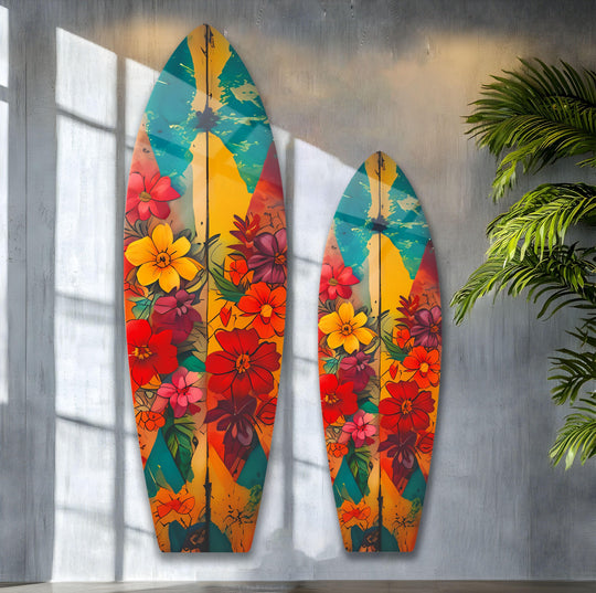 The stillness of sunlight emphasizes the colorful flowers surfboard wall art, a peaceful decoration with intricate glass art.
