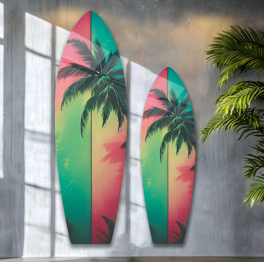 SurfBoard featuring green and red palm leafs tropical surf decor and palm tree prints on tempered glass