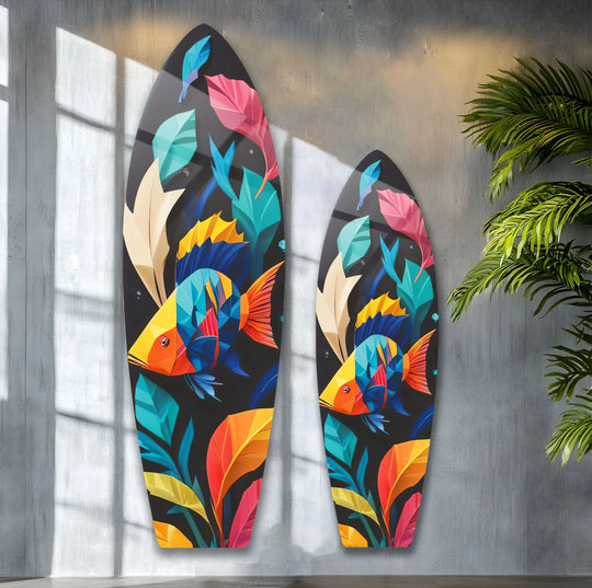 Two vibrant stained fishes surfboard hanging wall art pieces showcase a modern, geometric style with colorful flora against a dark background.