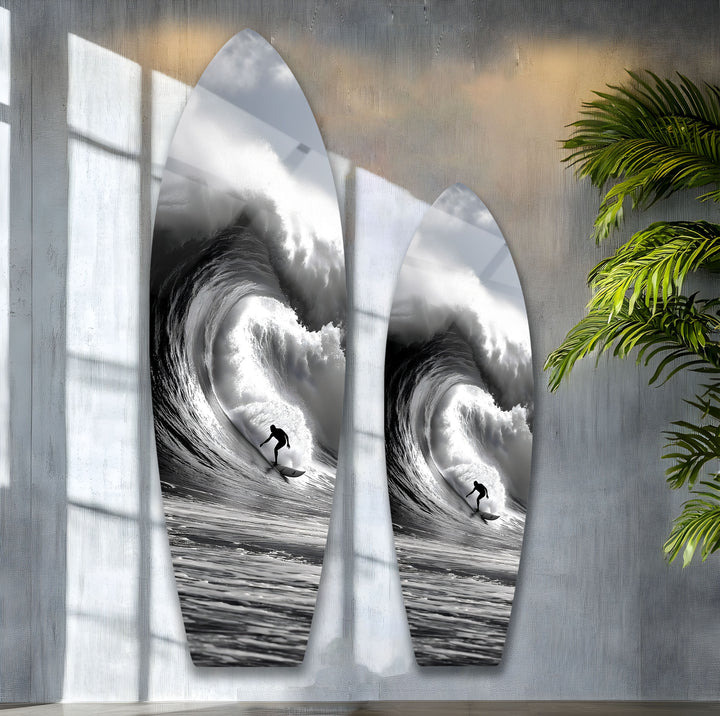 Schwarz-Weiß-Surfer-Surfbrett-Wandkunst 