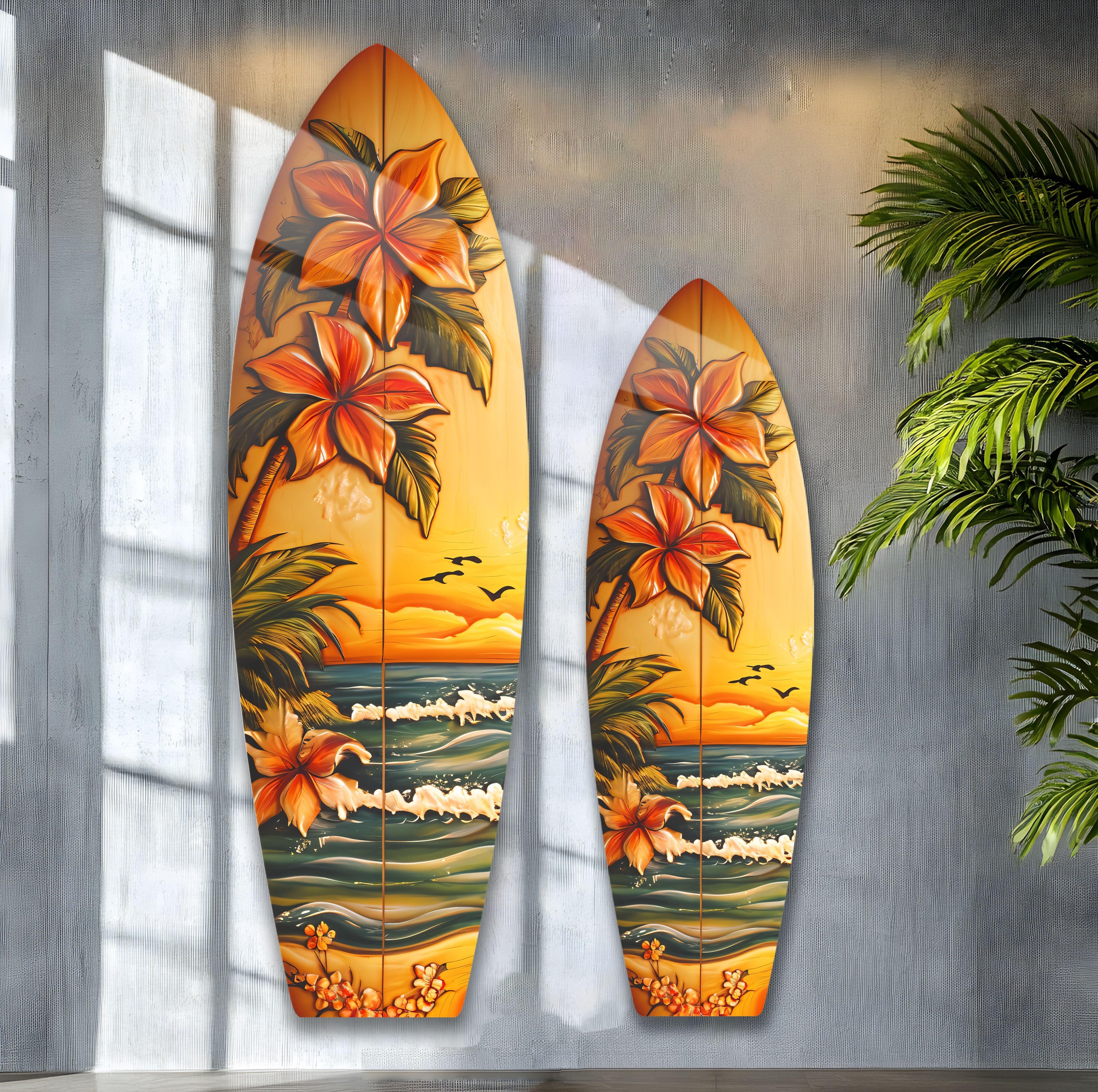 Tropical Sunset Floral Surfboard Wall Art | Stunning Coastal Home