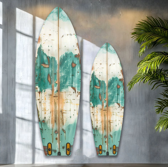 Showcasing the abstract quality of old surfboards through print wall art, revealing a textured, weathered aesthetic with teal and umber tones against a muted backdrop.