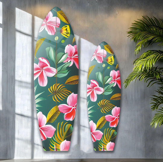 Colored flowers surfboard wall art showing the focal point, with surfboard designs that create a beautiful print wall art in any interior.