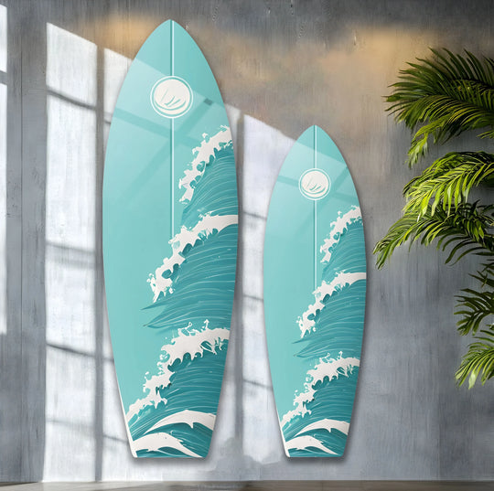 Azure surf art on glass wall artwork features organic wave crests flowing into dynamic swells.