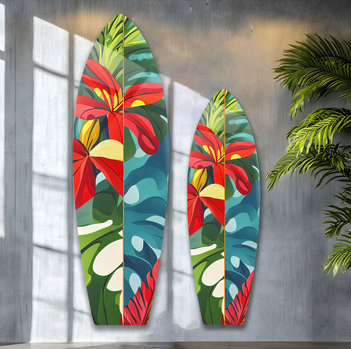Rote Blumen Surfbrett Wandkunst