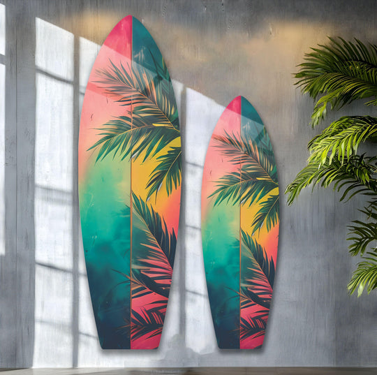 SurfBoard with green palm leaf prints and tropical theme and ocean inspired wall decor
