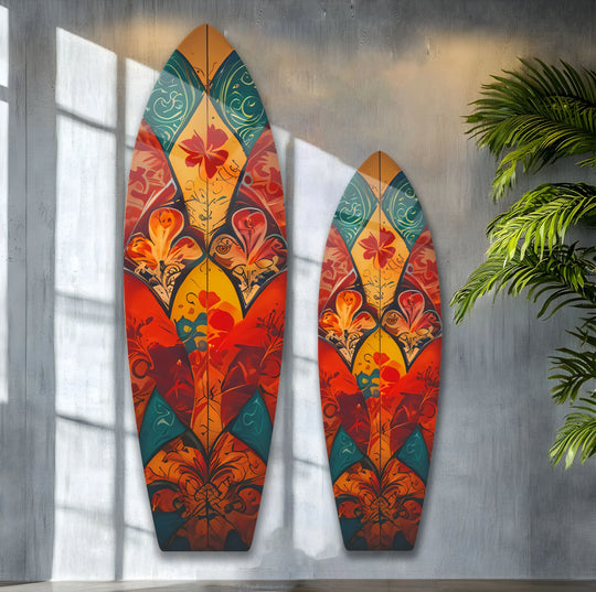 Vibrant surfboard wall art showcases colorful vintage flower prints, adding a touch of dynamic glass art and modern charm to any space with its loud, expressive style.