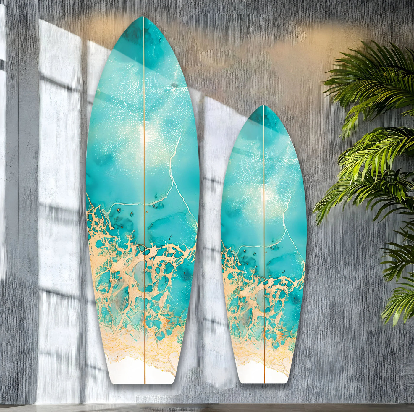 Showcasing the abstract quality, this sea wave surfboard wall art presents a blend of turquoise and gold in a modern home decor style.