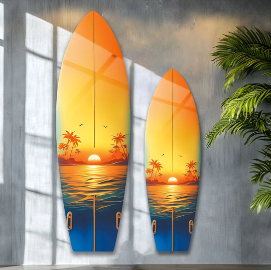 SurfBoard wall art a coastal masterpiece with sunset theme serene ocean waves and palm trees plus tropical beach decor for home and office