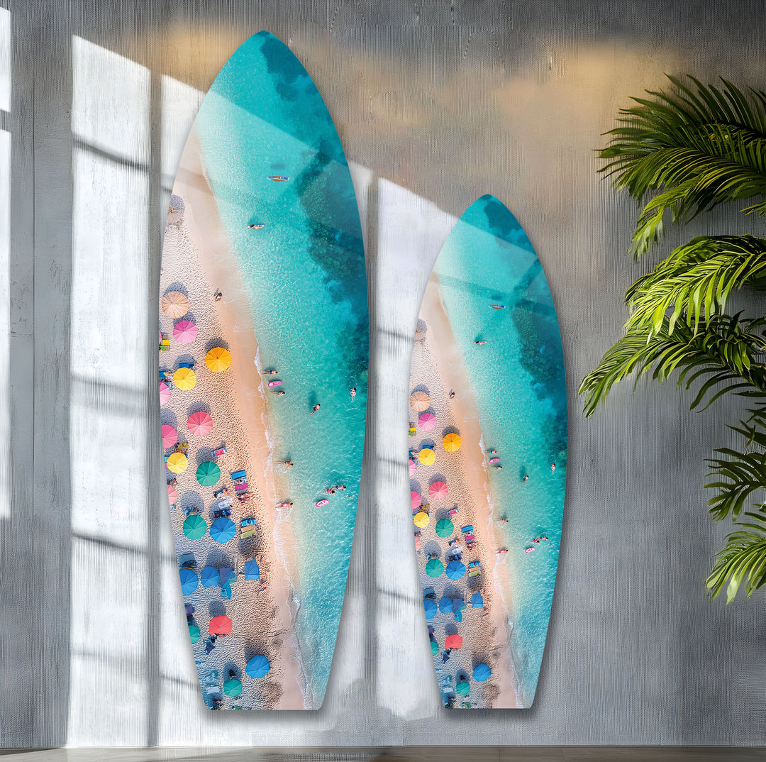 Blaues tropisches Strand-Surfbrett-Wandbild 