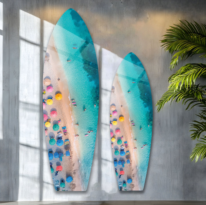 Blaues tropisches Strand-Surfbrett-Wandbild 