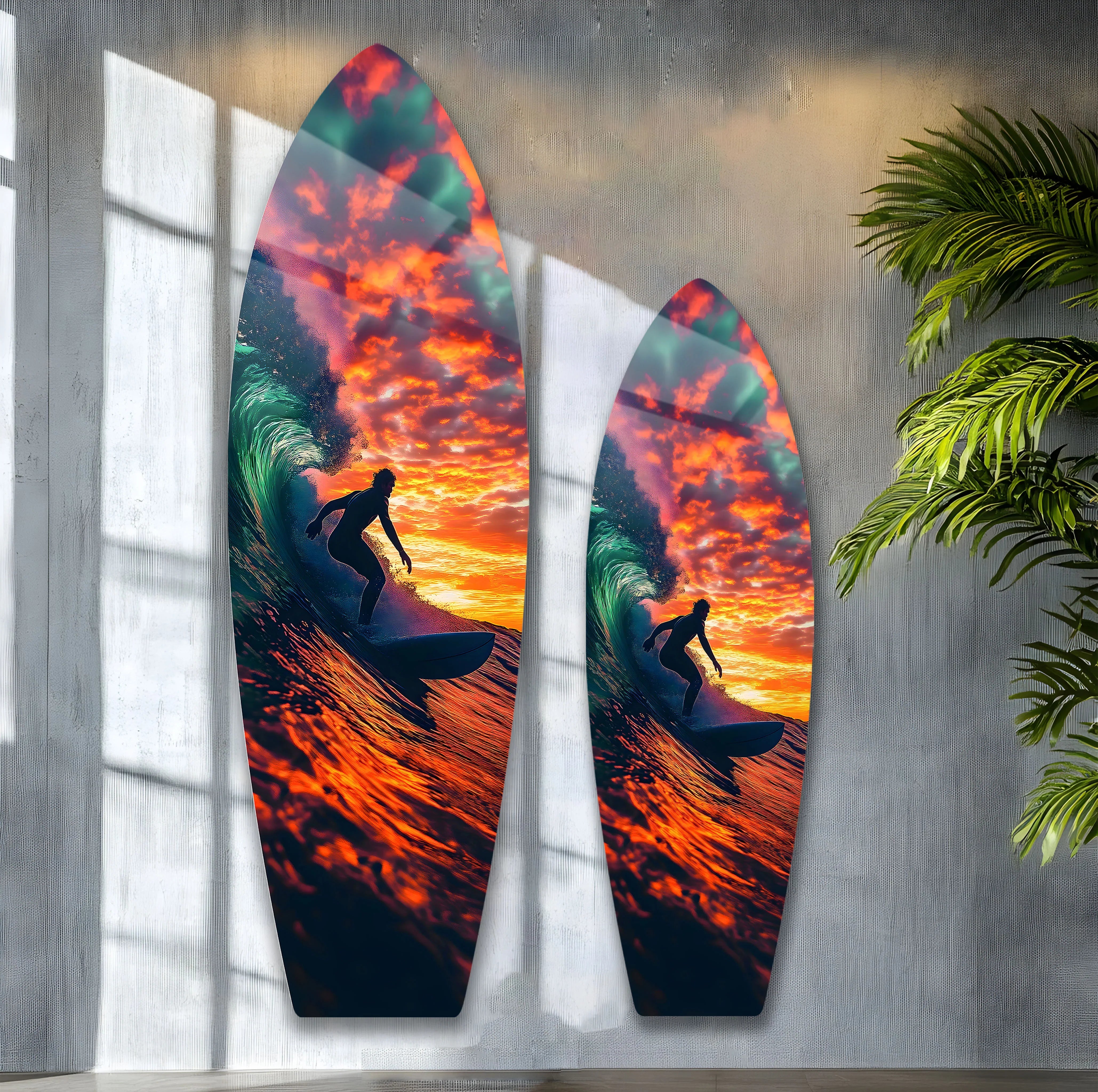 Sunset Surfing Glass Wall Art | Vibrant Ocean & Surf Decor for