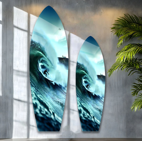 SurfBoard features surfer riding a massive blue wave and lighthouse and it is ocean surf glass wall art epic for ocean wall decor