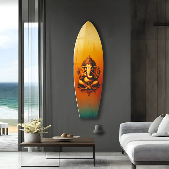 Vertically oriented and surfboard-shaped, this vibrant Orange Buddha wall art prints showcases a serene Ganesha design, perfect for adding a touch of spirituality to any space.