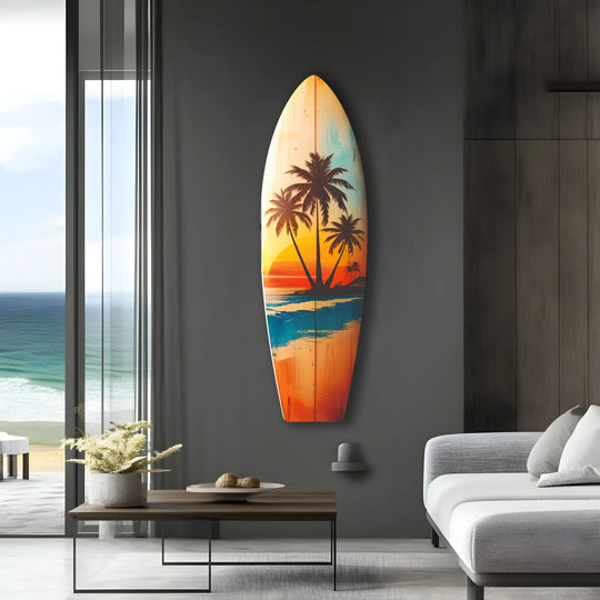 SurfBoard with tropical sunset landscape and palm trees art and custom coastal decor plus vibrant beach wall art