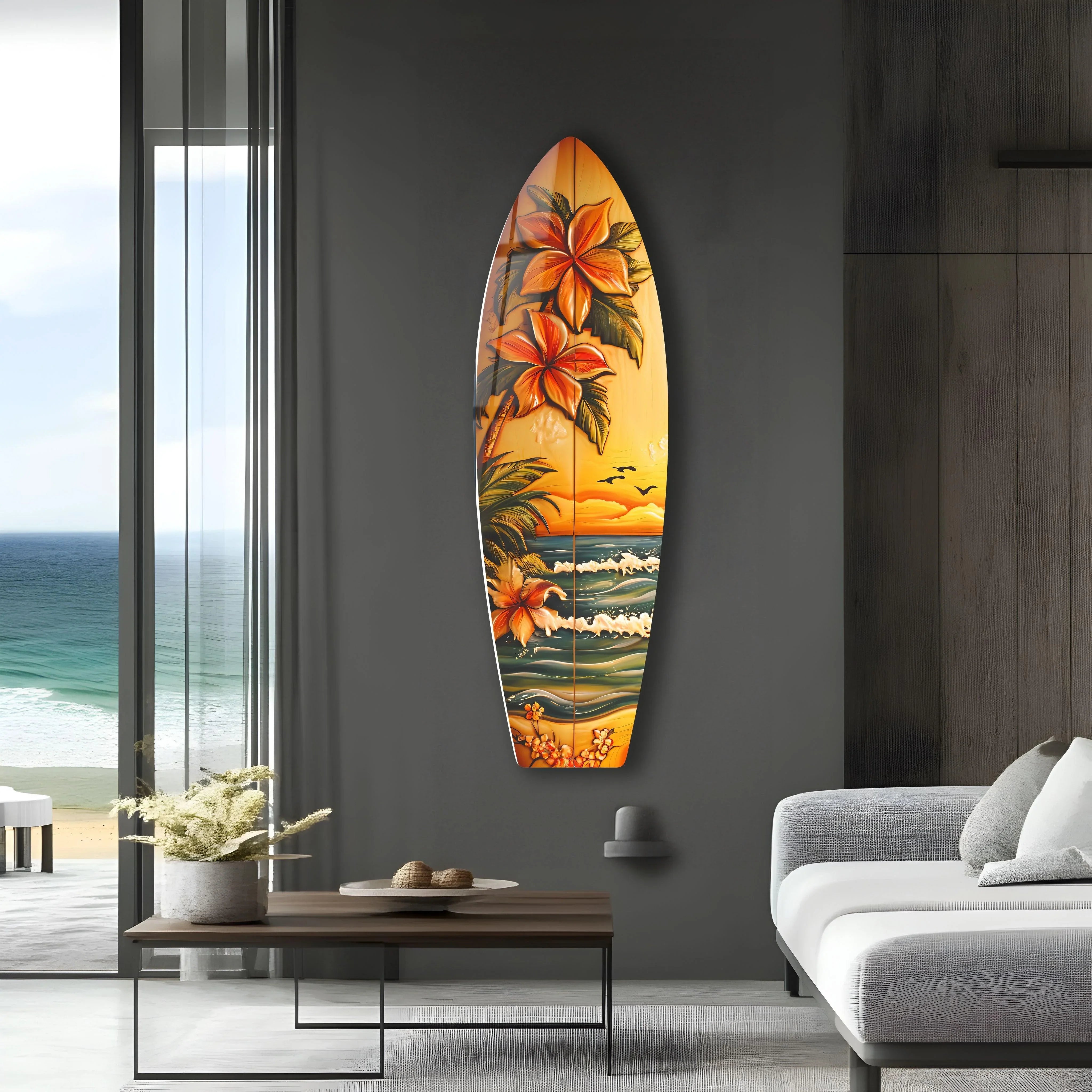 Tropical Sunset Floral Surfboard Wall Art | Stunning Coastal Home