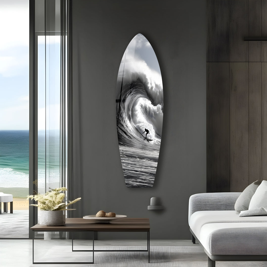 Schwarz-Weiß-Surfer-Surfbrett-Wandkunst 