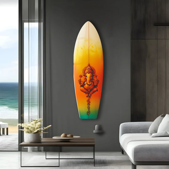Defined by its clean edges, this glass art surfboard showcases a Ganesha design with vibrant colors against a sleek border.