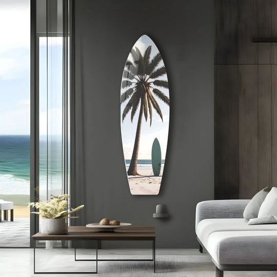 Surfboard with palm tree graphic and tropical beach theme modern wall art