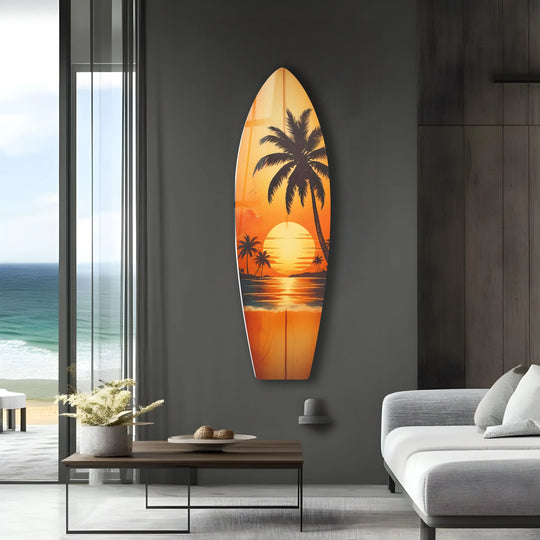 SurfBoard featuring a sunset tropical landscape and palm trees and relaxing beach decor with durable tempered glass wall art