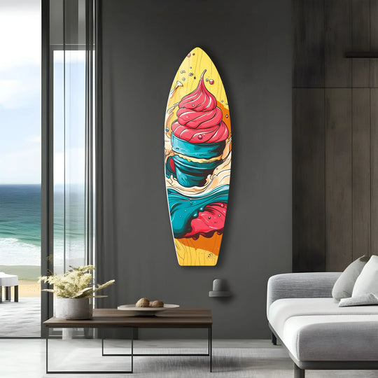 A vibrant surfboard wall print showcases a smooth transition from the deep blue of a cup to the bright pink swirls of ice cream.