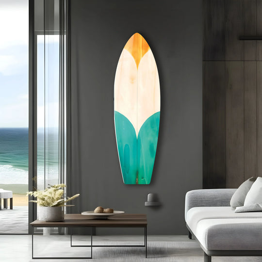 Calming and coastal, the colored wood details surfboard wall art evokes a serene mood, a beautiful piece of glass wall art decor.