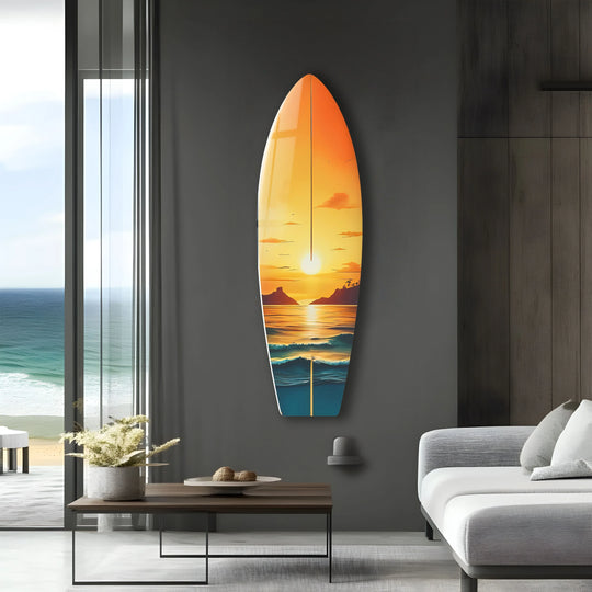 SurfBoard with sunset design coastal wall art brings beach beauty home with ocean-themed decor and unique wall art