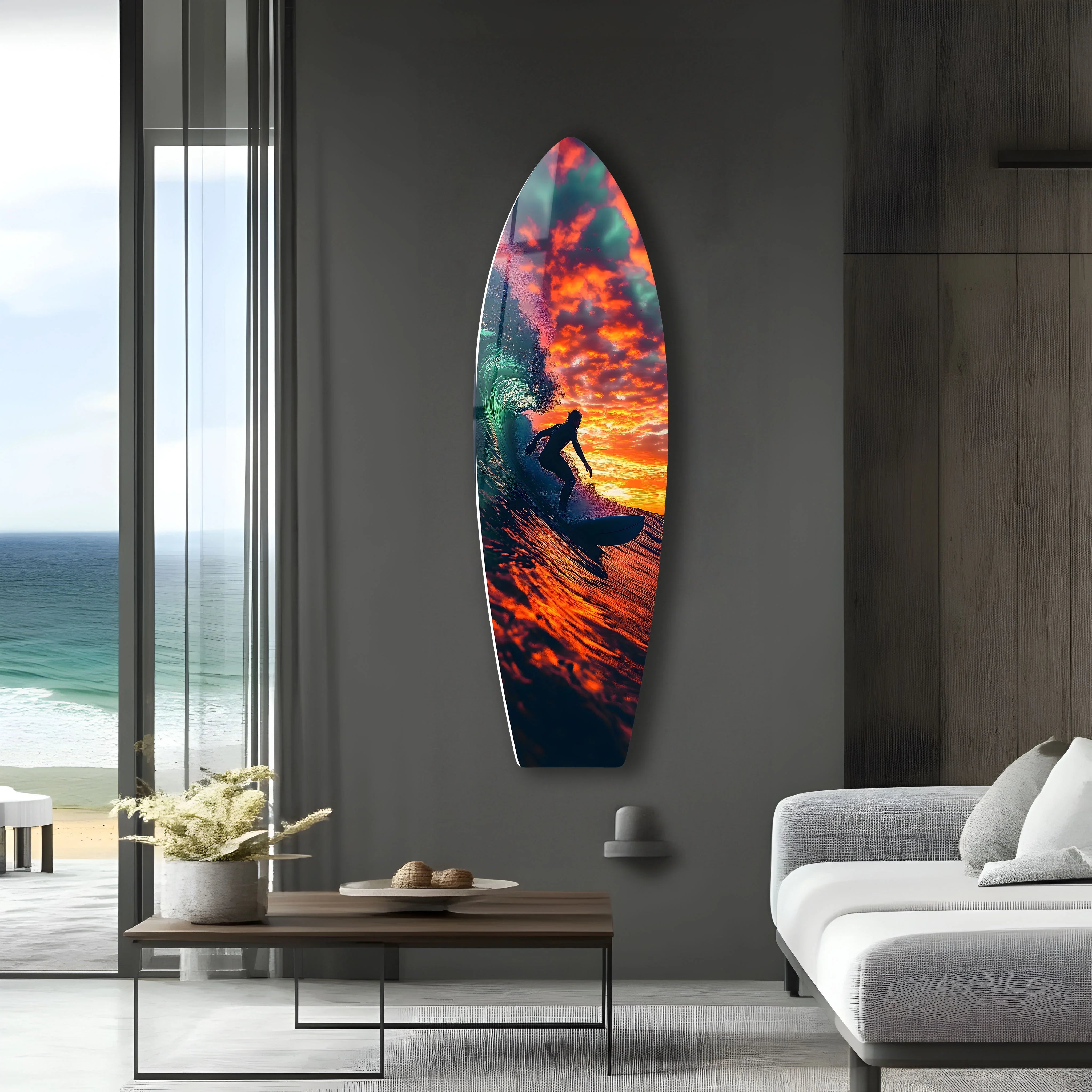 Sunset Surfing Glass Wall Art | Vibrant Ocean & Surf Decor for