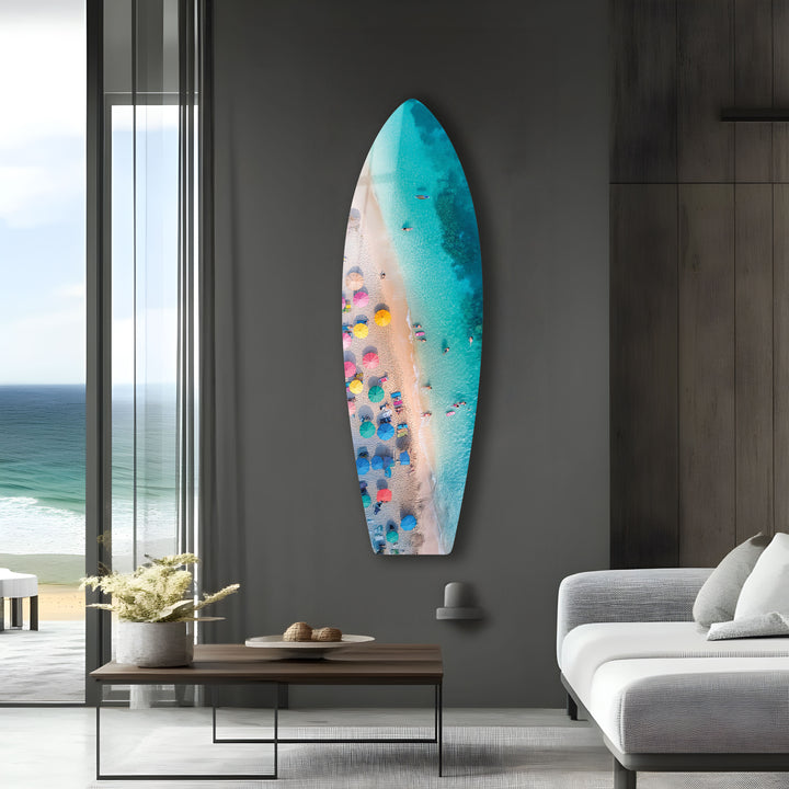 Blaues tropisches Strand-Surfbrett-Wandbild 