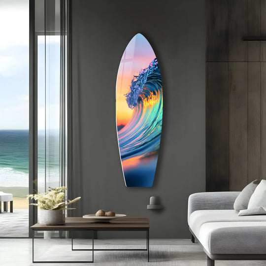 Showcasing the vibrant ocean wave glass wall art with superior material quality, ensuring lasting wall prints and a stunning display of coastal decor.