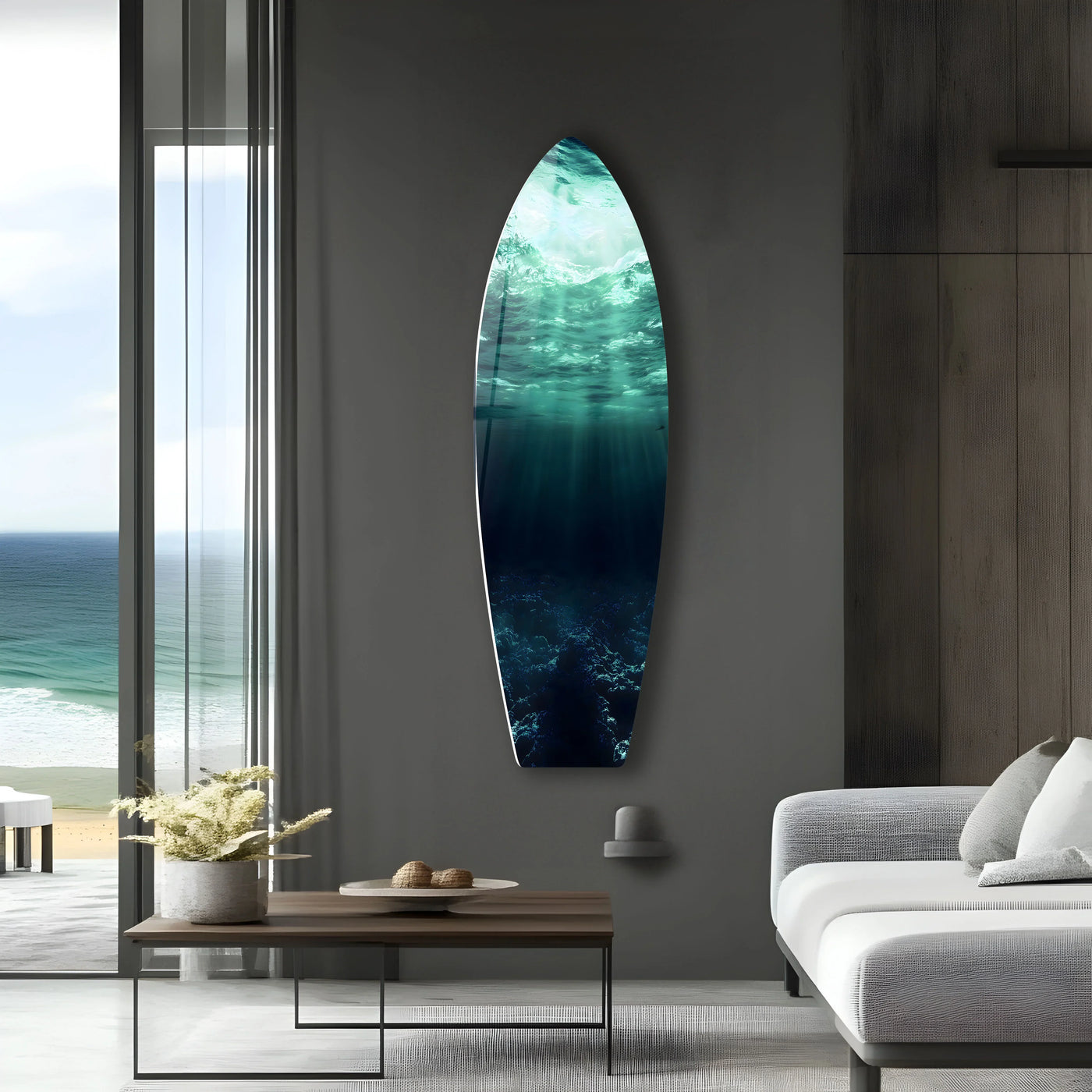 Highlighting the layering effect, this underwater ocean scene showcases best glass art with sunlight streaming through deep blue waters in a surfboard shape.