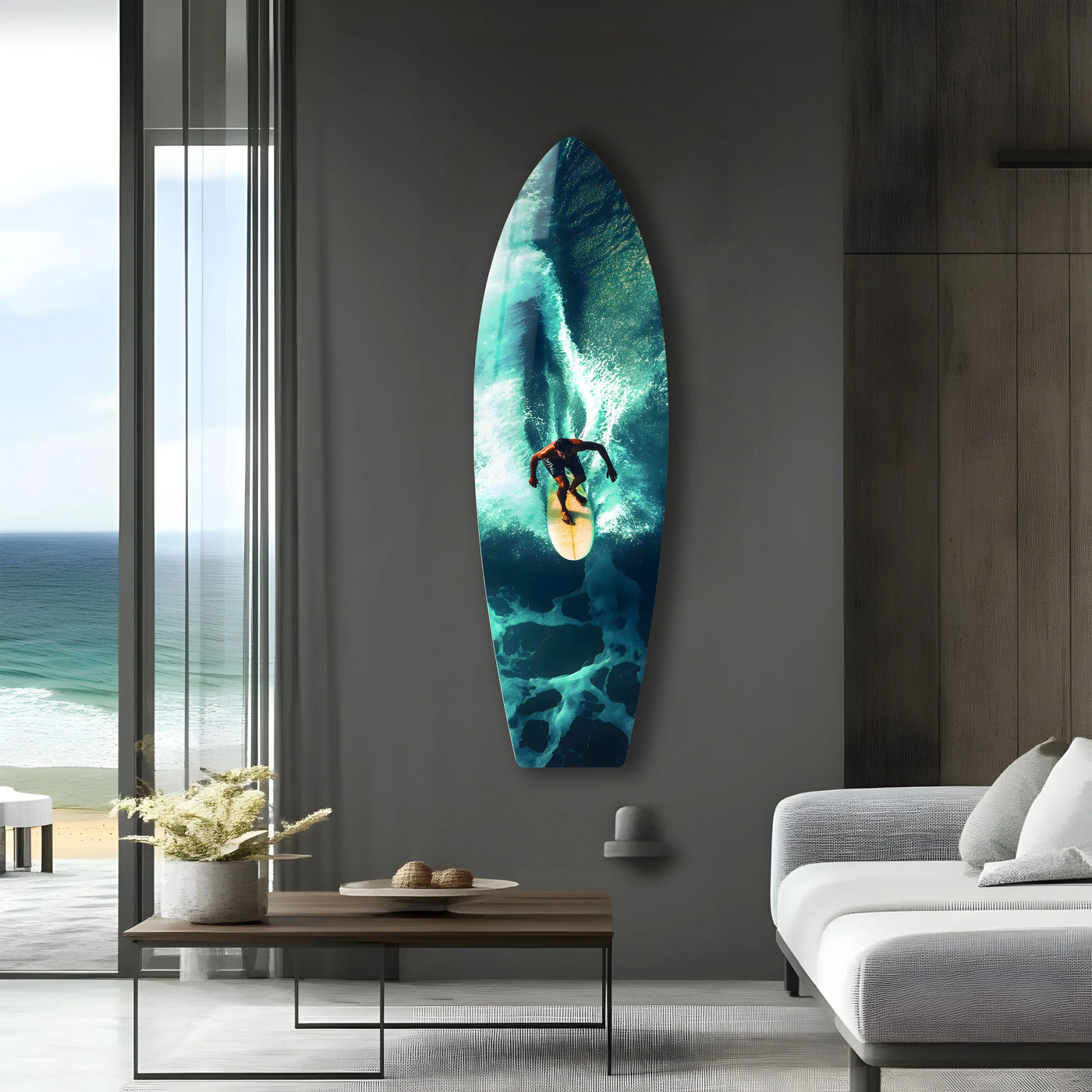 The darkest area accentuates the captivating depths within the 'Surfing the Waves' glass art painting, highlighting a surfer riding a vibrant, curling wave.