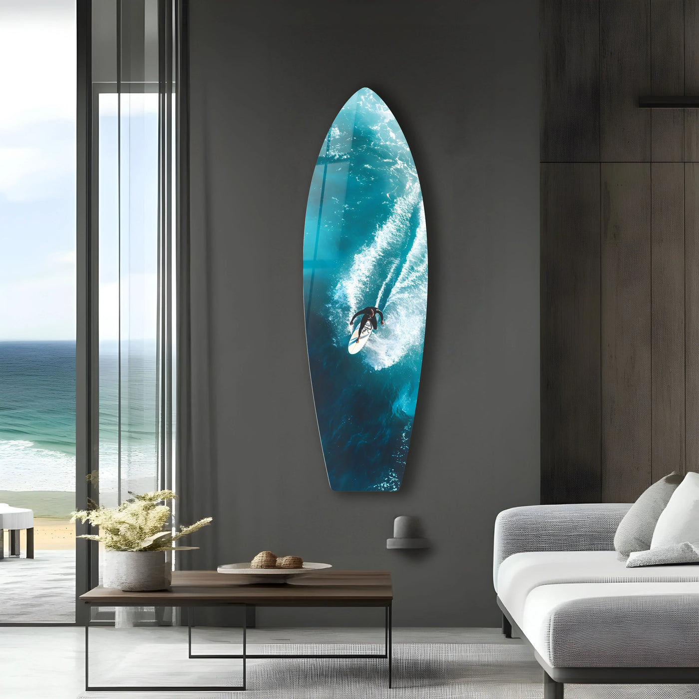 The stillness of the room contrasts with the motion captured in this surfing adventure ocean surfboard glass art, a unique piece of glass art bringing the ocean's energy indoors.
