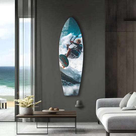 Propelled by wind and wave, the kite surfing athlete's dynamic pose captures the intense sense of movement in this ocean-themed print wall art on glass.