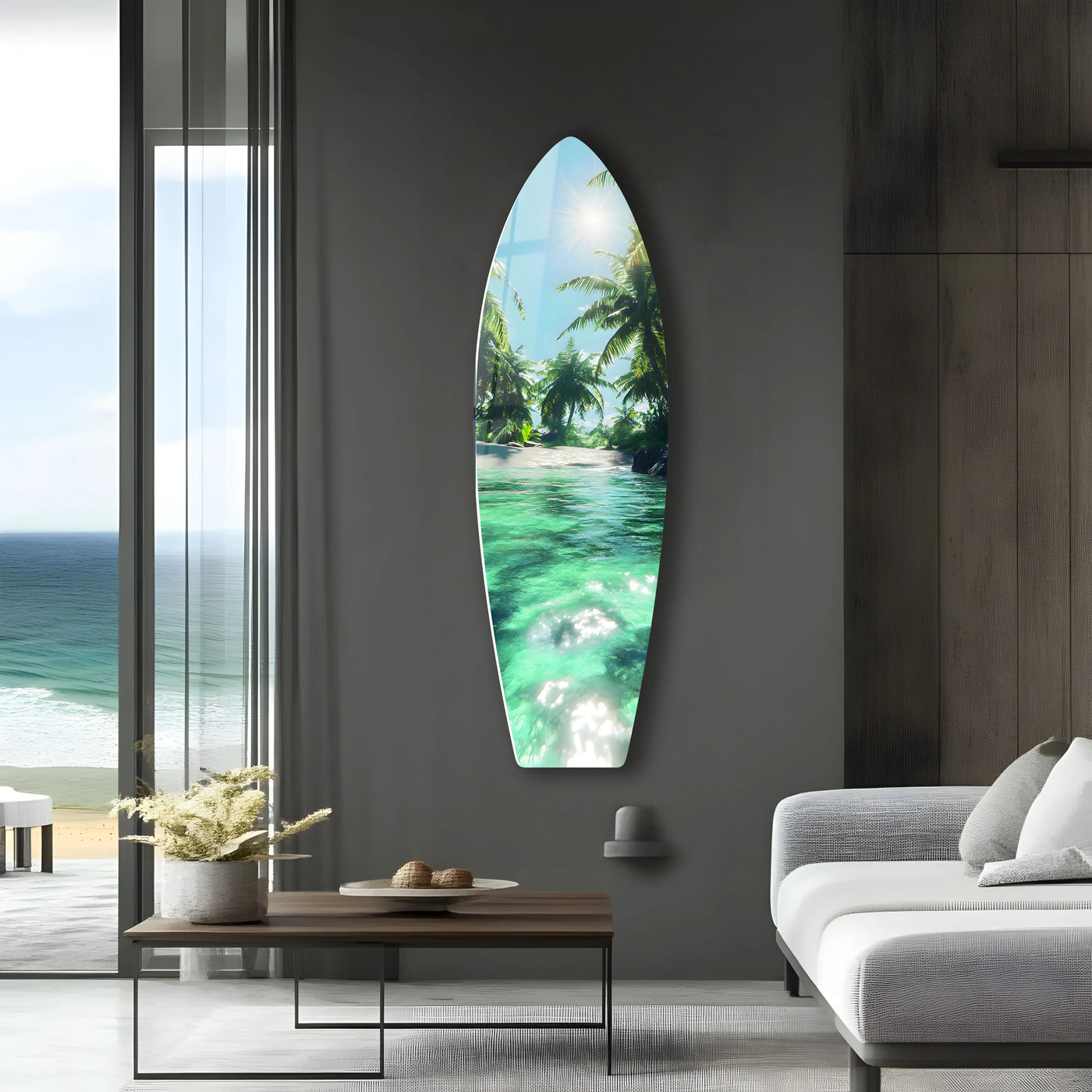 Vertical surfboard-shaped hanging wall art presents a tropical paradise of palm trees and crystal waters, a unique ocean view decoration.