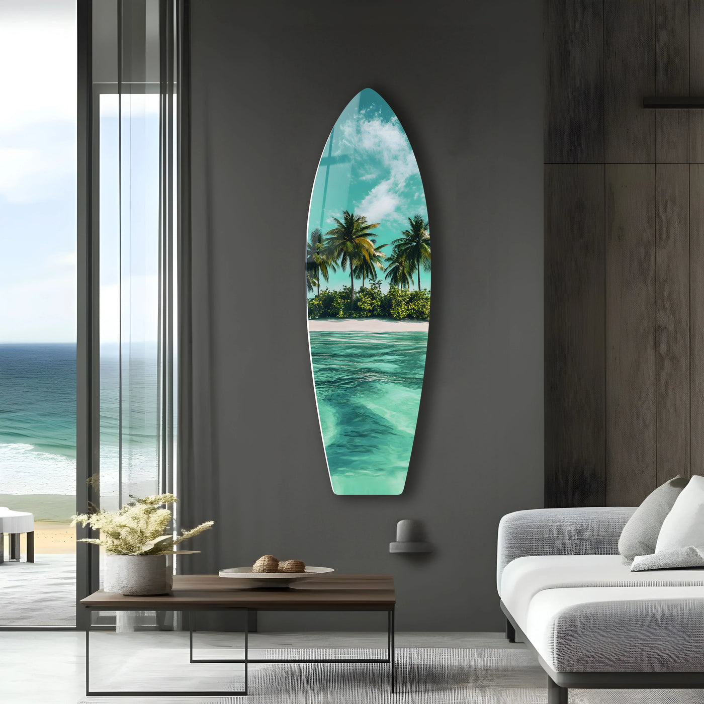 Vibrant surfboard-shaped hanging wall art showcases a tropical paradise scene, creating a loud statement piece with its palm trees and ocean view.