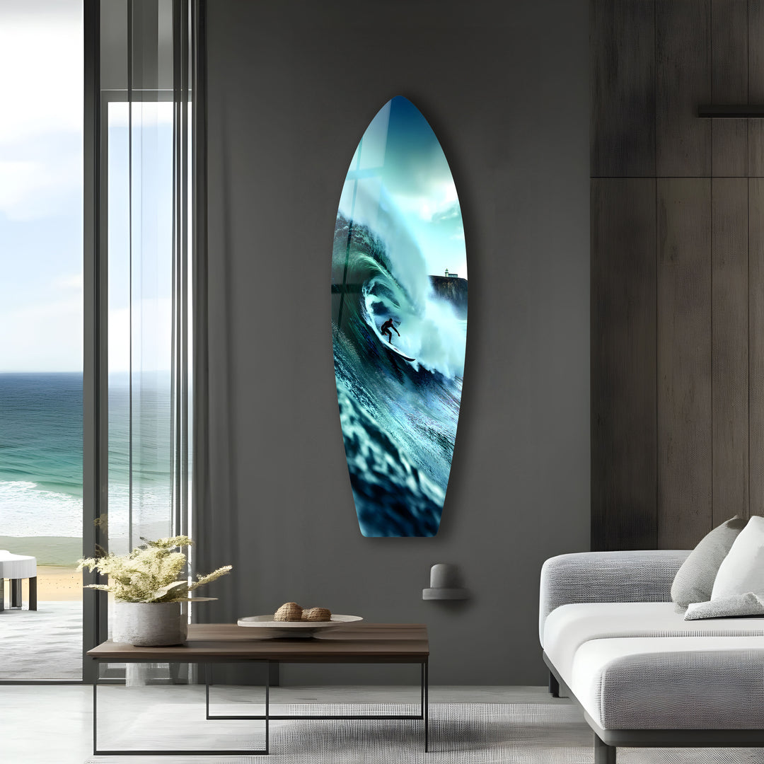 Epic Wave Surf Art: Surfer in action as they ride an epic wave, immortalized in stunning glass wall art for your home.
