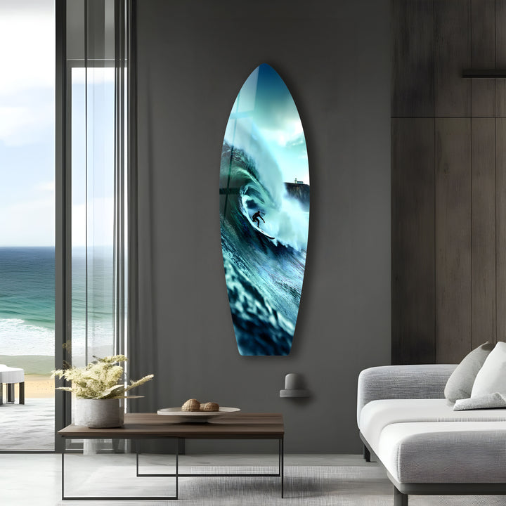 Epic Wave Surf Art: Surfer in action as they ride an epic wave, immortalized in stunning glass wall art for your home.
