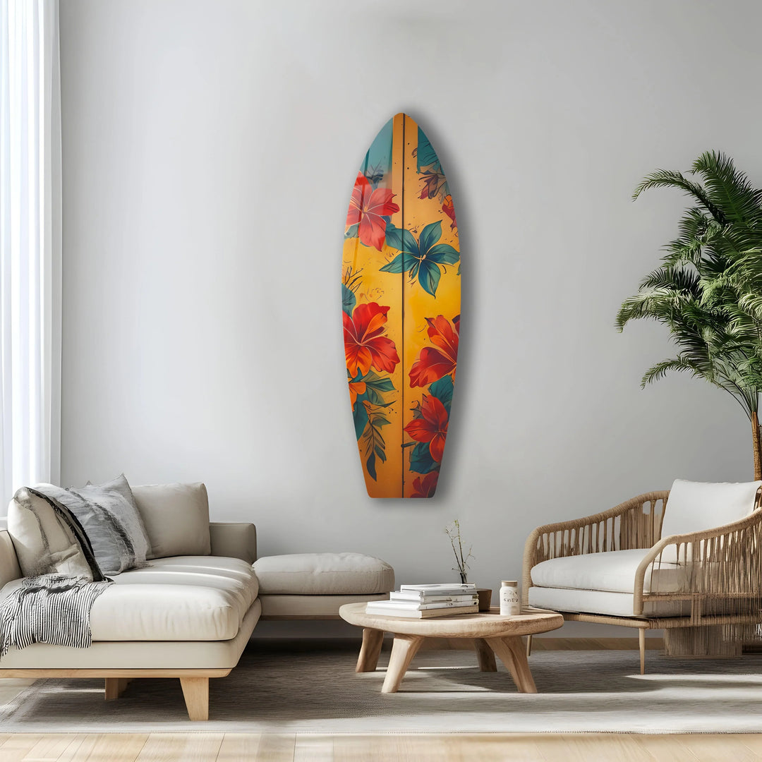 High color saturation enhances the vibrant tropical flowers on this vintage surfboard hanging wall art, creating a visually striking piece.