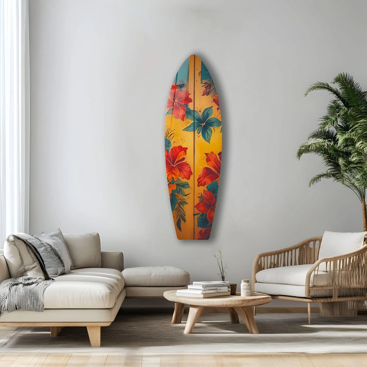 High color saturation enhances the vibrant tropical flowers on this vintage surfboard hanging wall art, creating a visually striking piece.