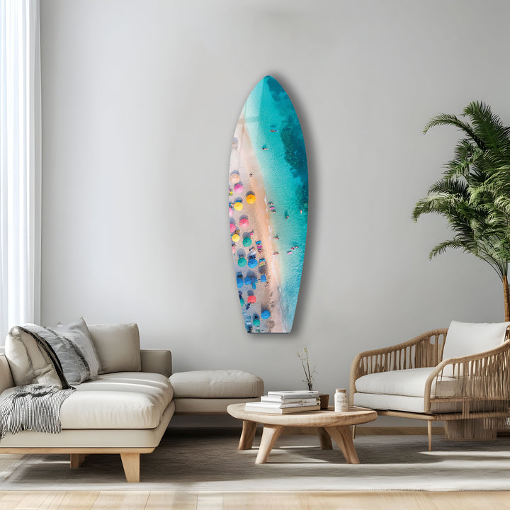 Blaues tropisches Strand-Surfbrett-Wandbild 