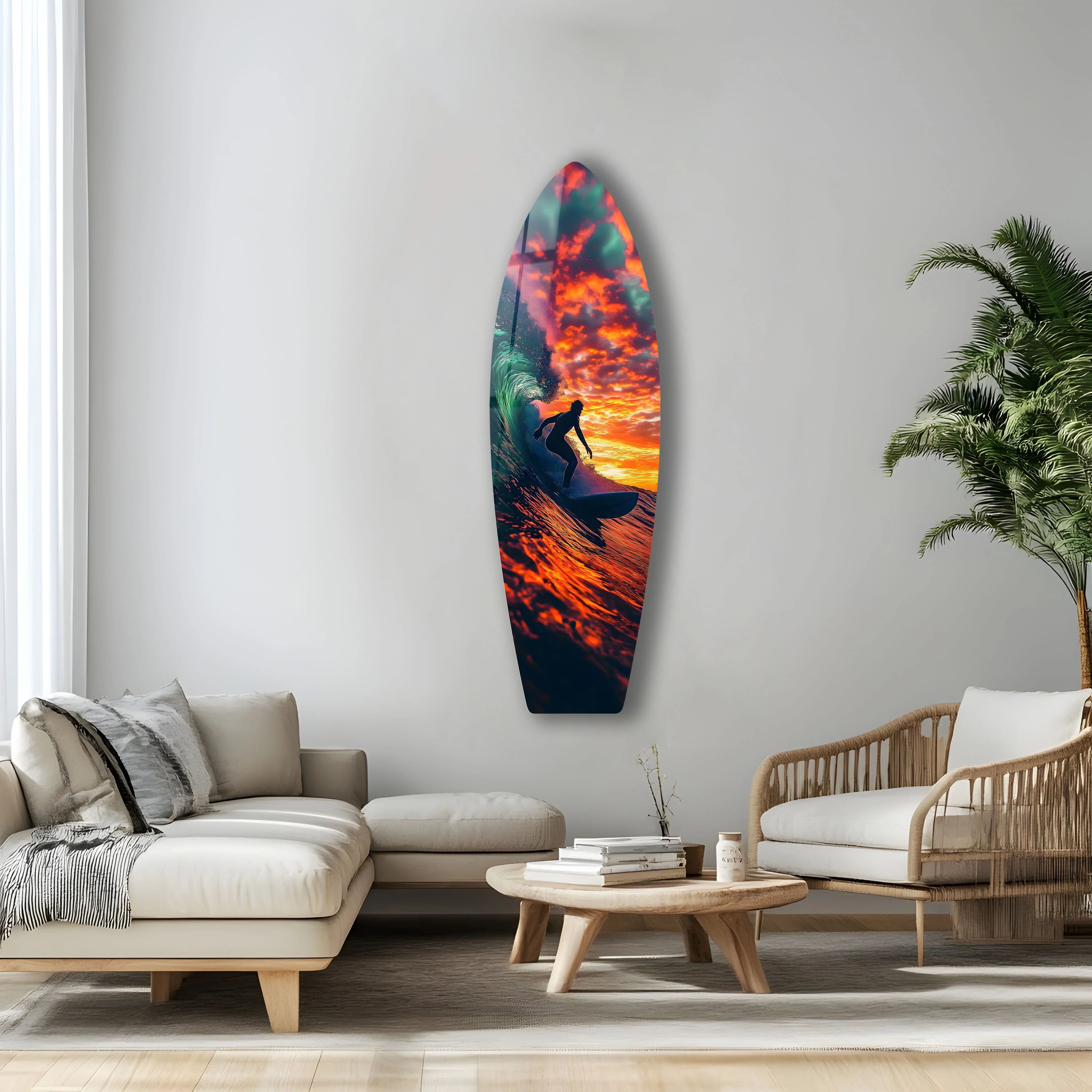 Sunset Surfing Glass Wall Art | Vibrant Ocean & Surf Decor for