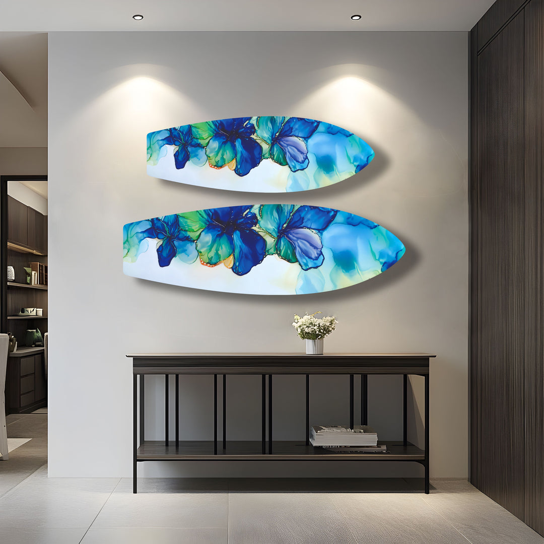 Blaue Alkoholtinte Blume Surfbrett Wandkunst