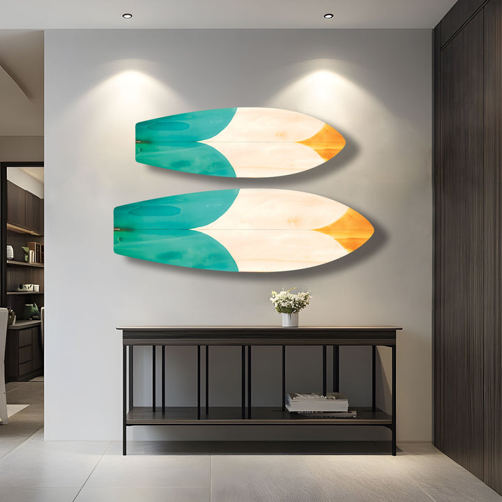 Farbige Holzdetails Surfbrett Wandkunst