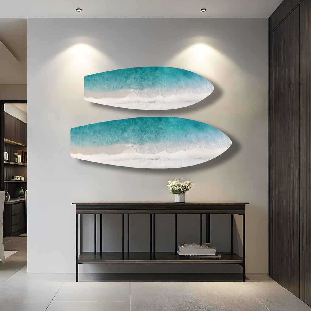 Azure Shoreline Surfbrett-Wandkunst 