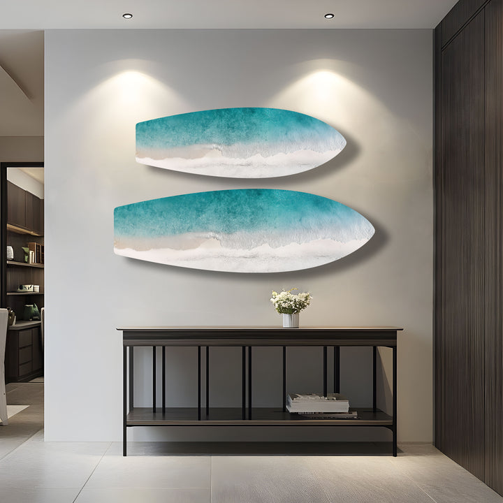 Azure Shoreline Surfbrett-Wandkunst 