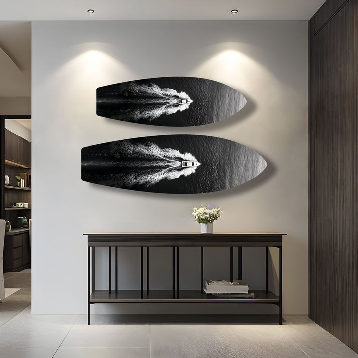 Monochrome Yacht-Surfbrett-Wandkunst 