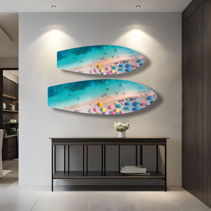 Blaues tropisches Strand-Surfbrett-Wandbild 