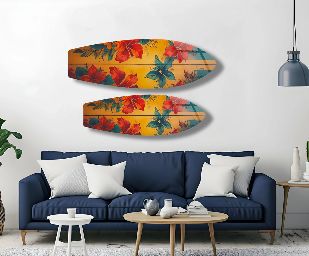 Displayed are two vintage colorful flowers surfboard wall art pieces in an interior setting, creating a vibrant home decor with a unique floral wall art design.